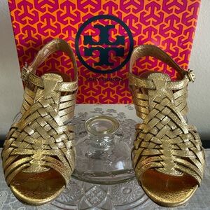 Tory Burch Metallic Gold Woven Leather Slingback Sandals